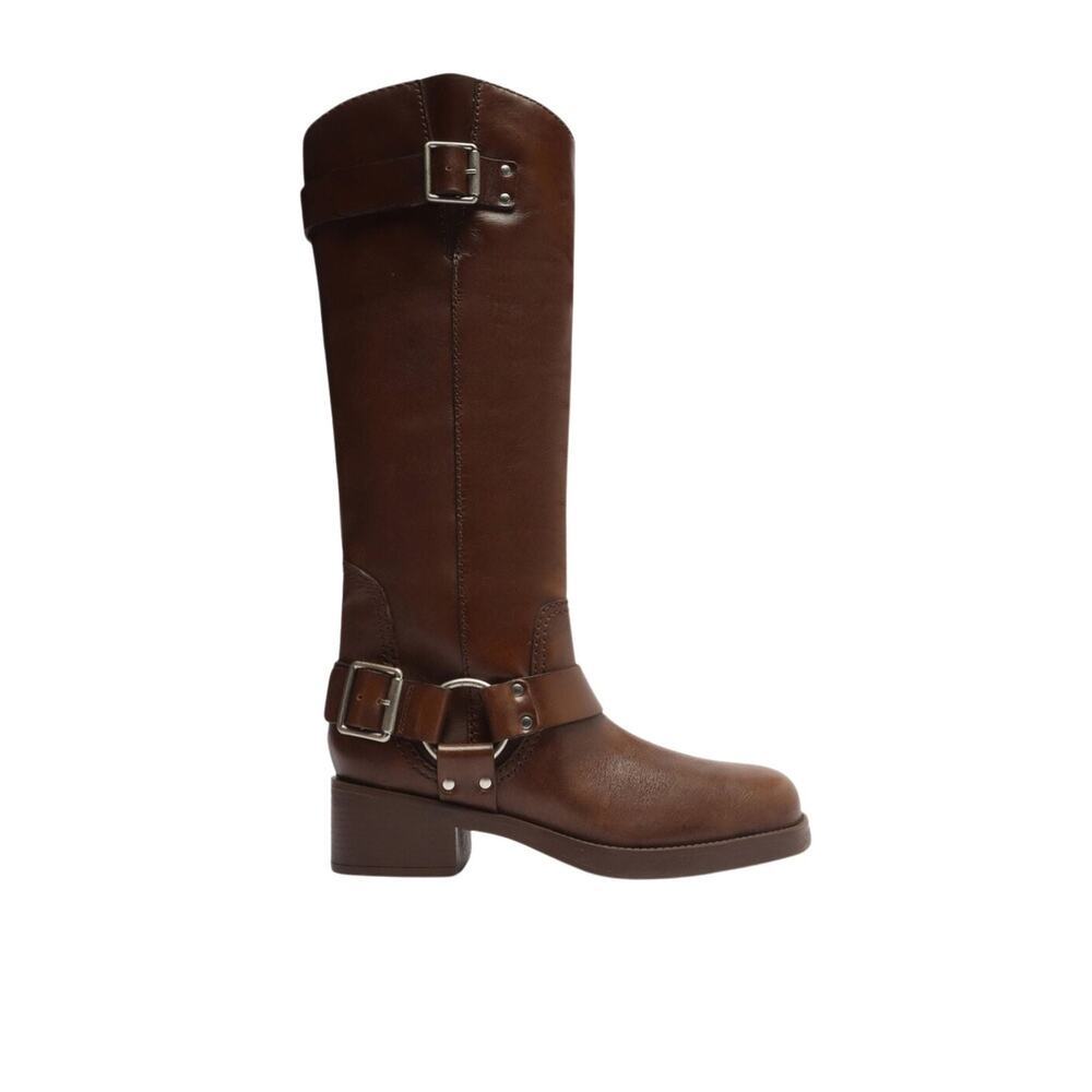 Arezzo Women's Knee-High Leather Boots with Buckle Detail – Brown, Size 7.5